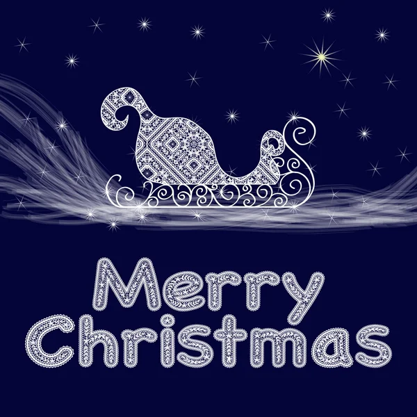 Weihnachtskarte mit Schlitten aus weißer Spitze und Weihnachtsstern in einer Schneewolke auf blauem Hintergrund — Stockvektor