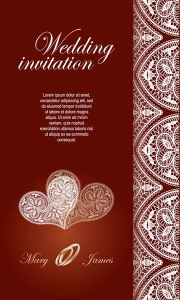 Invitación de boda decorada con encaje blanco y corazones — Vector de stock