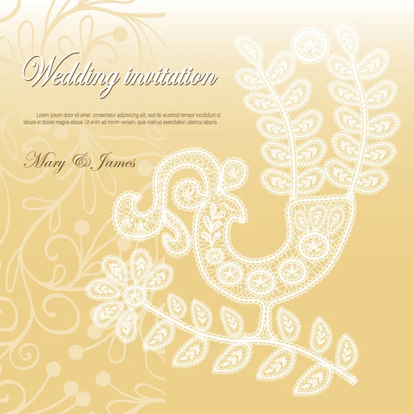 Bröllop inbjudan dekorerad med vita spetsar fågel — Stock vektor