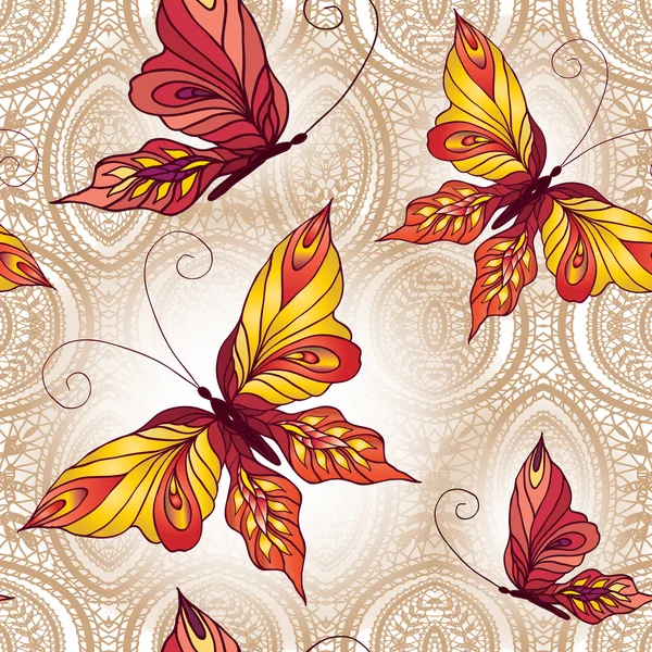 无缝花边背景上的蝴蝶图案 — 图库矢量图片