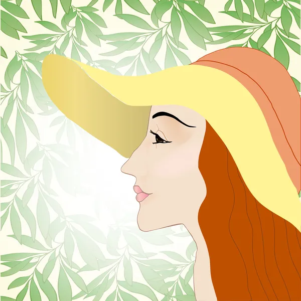 The girl in the hat. Portrait in a profile on a background of leaves and sunlight — Stock Vector