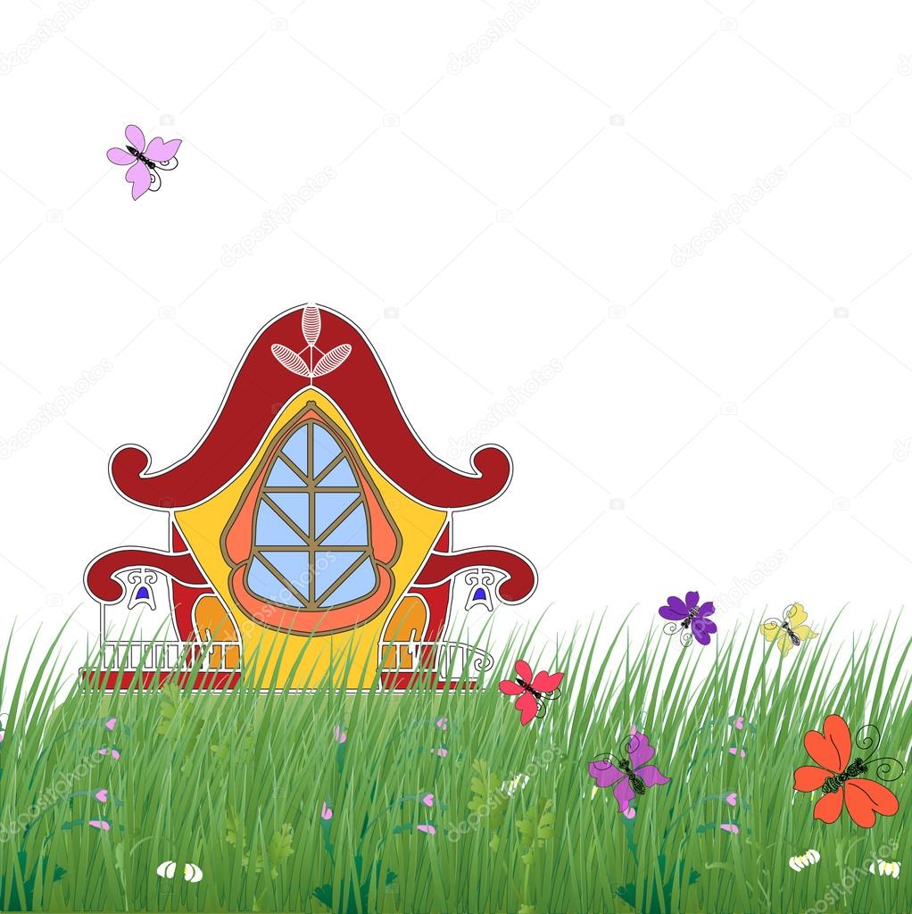 Fairytale house on the green grass with flowers and butterflies on a white background