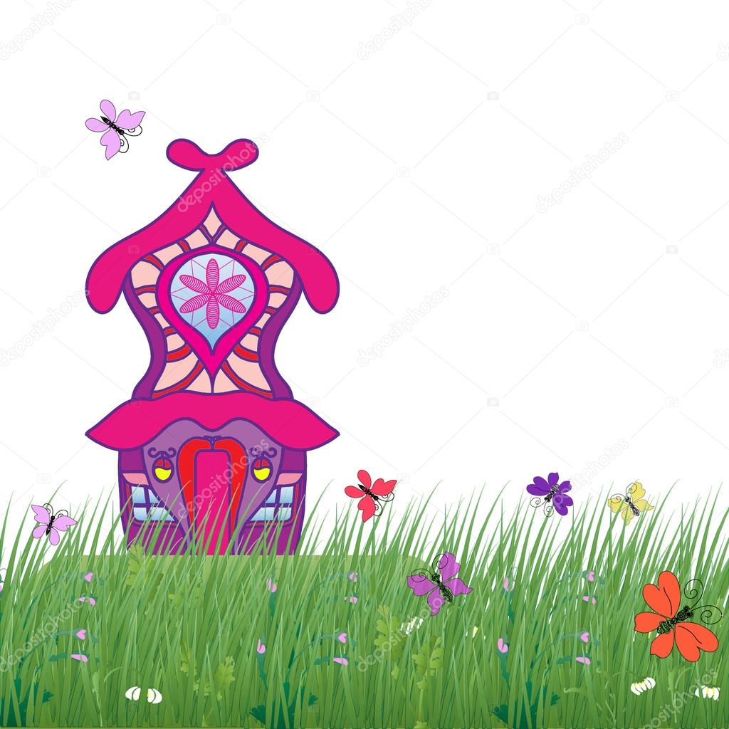 Fairytale house on the green grass with flowers and butterflies on a white background