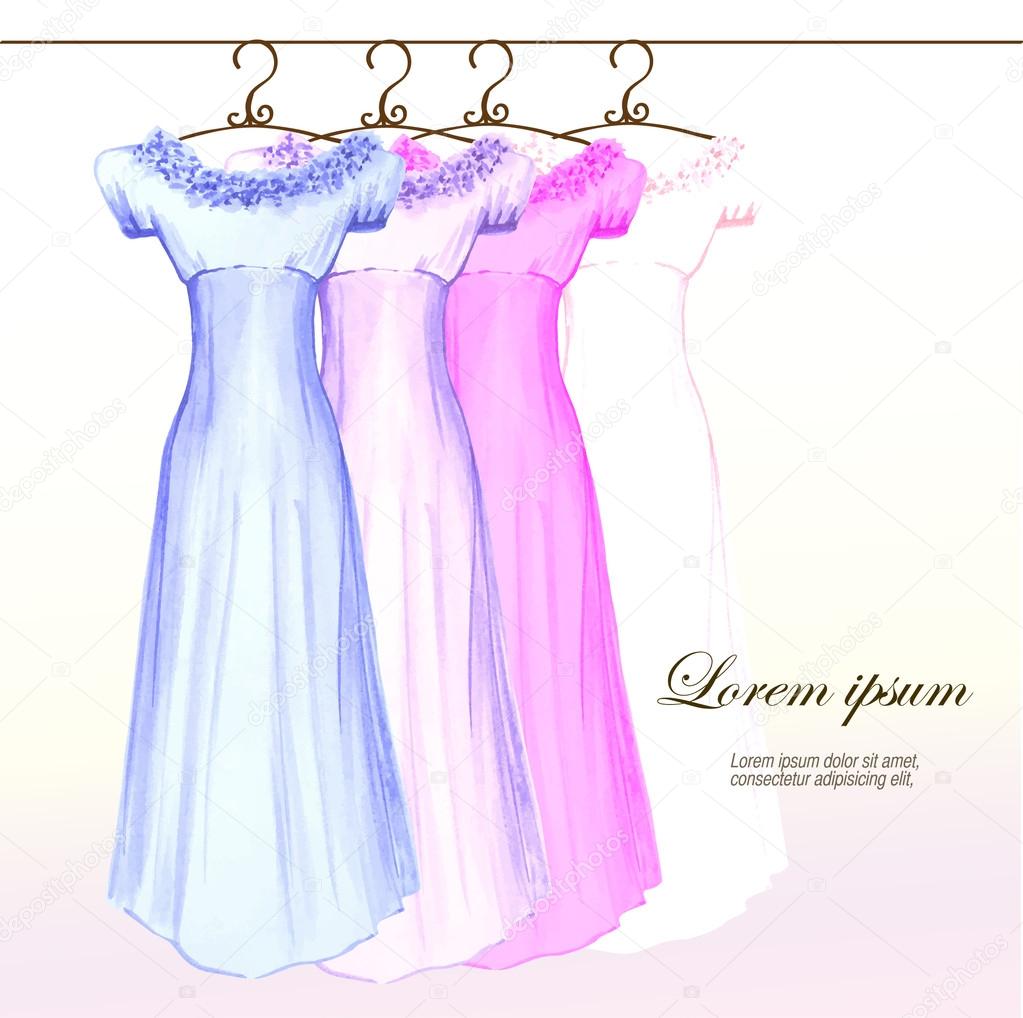 Dresses on the hanger in pastel colors painted in watercolor
