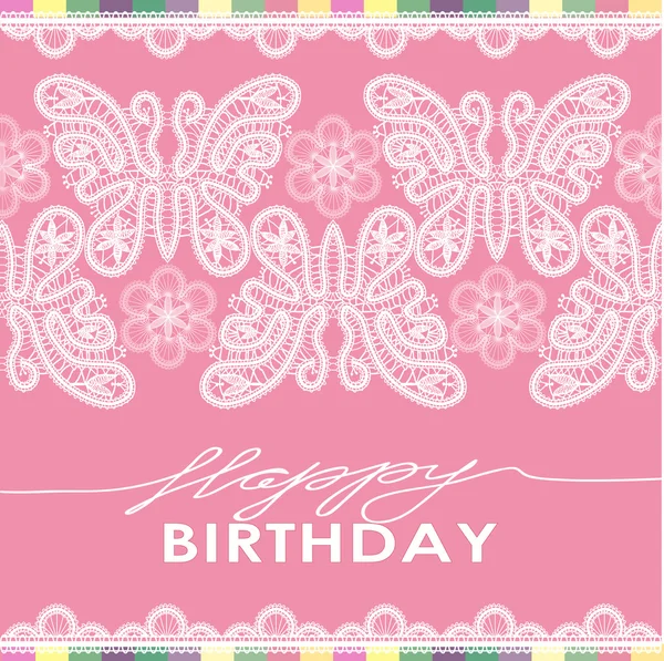 Födelsedagskort med spetsar bokstäver, fjärilar, blommor — Stock vektor