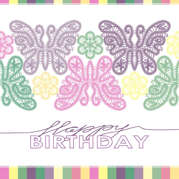 Carte d'anniversaire avec lettres en dentelle, papillons, fleurs — Image vectorielle