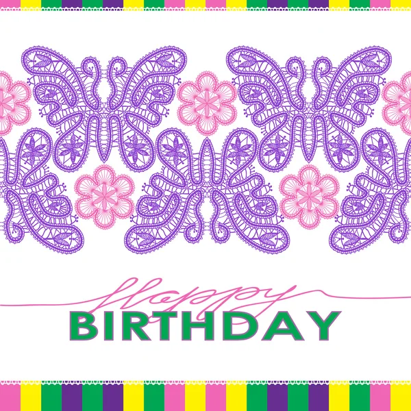 Geburtstagskarte mit Spitzenbuchstaben, Schmetterlingen, Blumen — Stockvektor