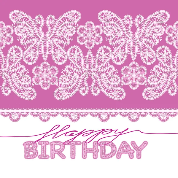 Födelsedagskort med spetsar bokstäver, fjärilar, blommor — Stock vektor
