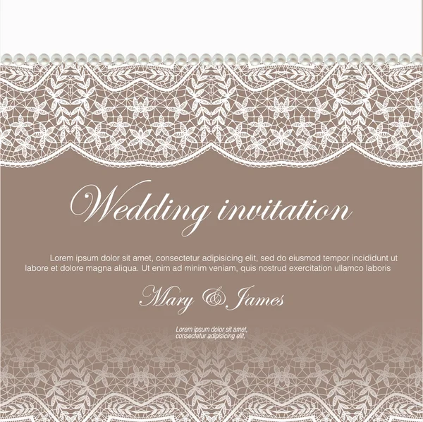 Svatební pozvání zdobené bílou krajkou a perly — Stockový vektor