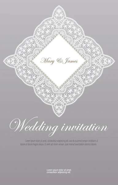 Bröllop inbjudan dekorerad med vit spets och pärlor — Stock vektor