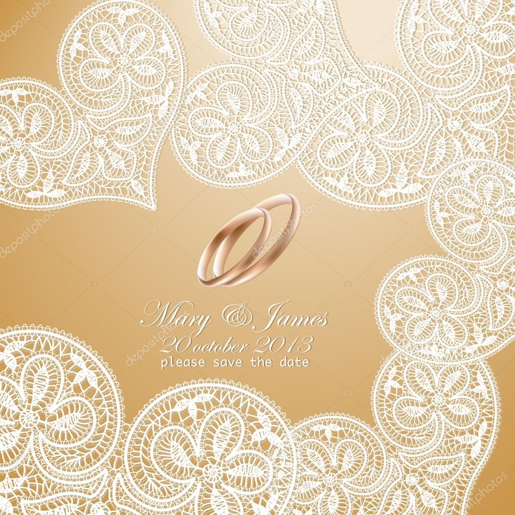 Wedding invitation decorated with white lace hearts and gold wedding rings