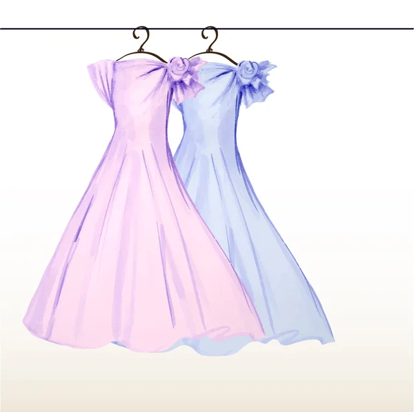 Dos vestidos en la percha en colores pastel pintados en acuarela — Vector de stock