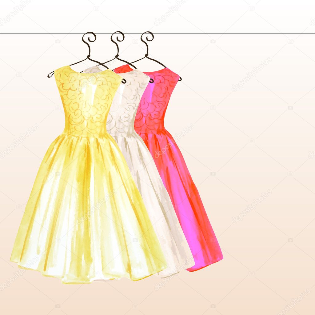 Dresses on the hanger in pastel colors painted in watercolor