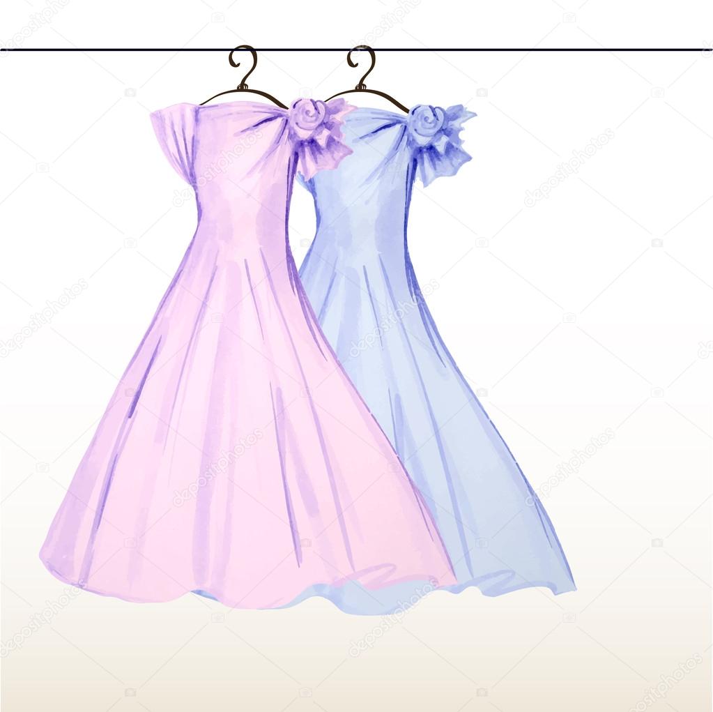 Two dresses on the hanger in pastel colors painted in watercolor