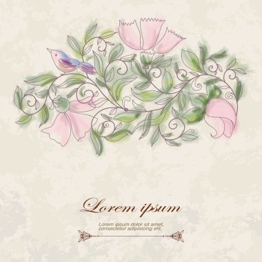 dallar, yapraklar, çiçekler ve kuşlar bir desen ile kart.