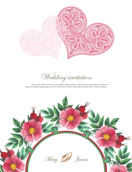 Wedding invitation decorated with lace hearts and watercolor wild roses — Stock Vector