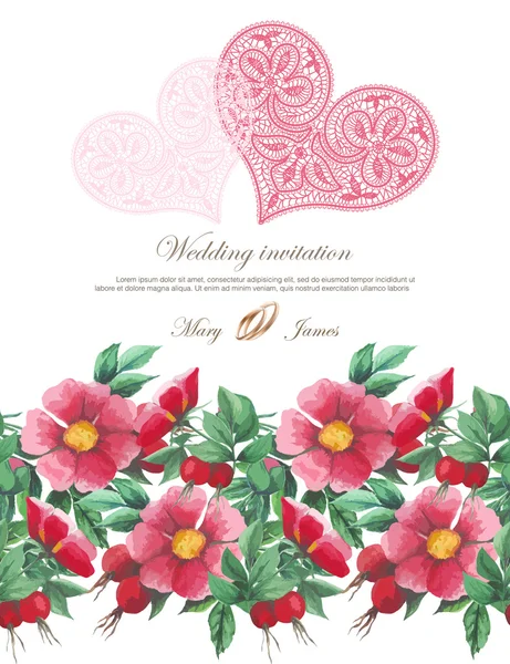 Wedding invitation decorated with lace hearts and watercolor wild roses — Stock Vector
