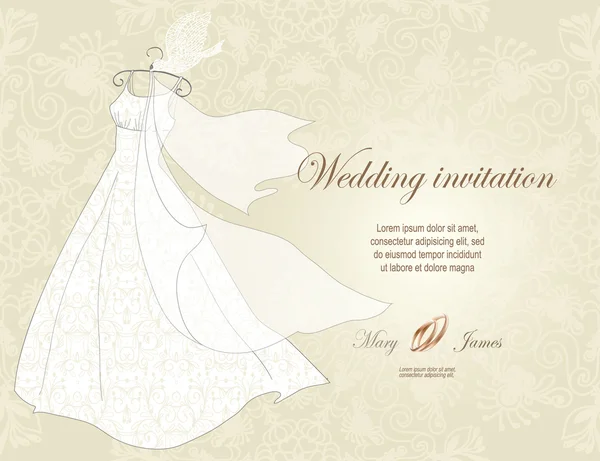 Invitación de boda decorada con vestido de novia y traje — Vector de stock
