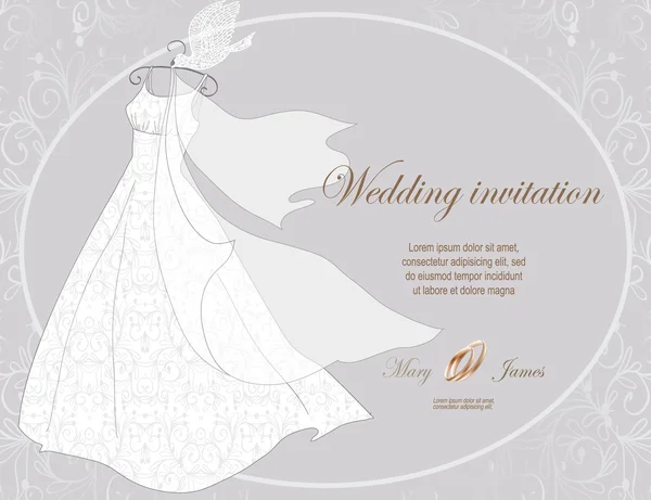 Hochzeitseinladung mit Brautkleid und Anzug — Stockvektor