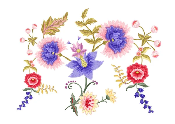 Flores de fantasia em estilo retro, vintage, bordado jacobean. Clipe de arte, conjunto de elementos para design —  Vetores de Stock