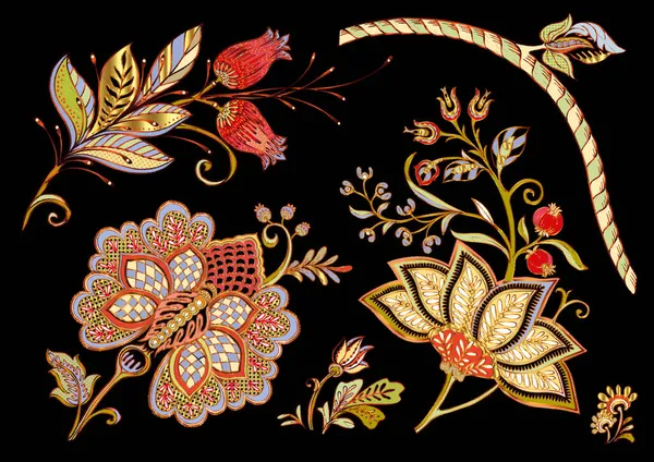 Fleurs fantastiques dans le style rétro, vintage, broderie jacobean. — Image vectorielle