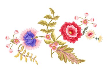 Eski moda fantezi çiçekleri, eski moda, jakoben nakış tarzı. Clip sanatı, tasarım için elementler kümesi