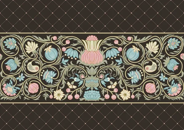 Flores de fantasía en estilo retro, vintage, bordado. Patrón sin costura, fondo. — Vector de stock