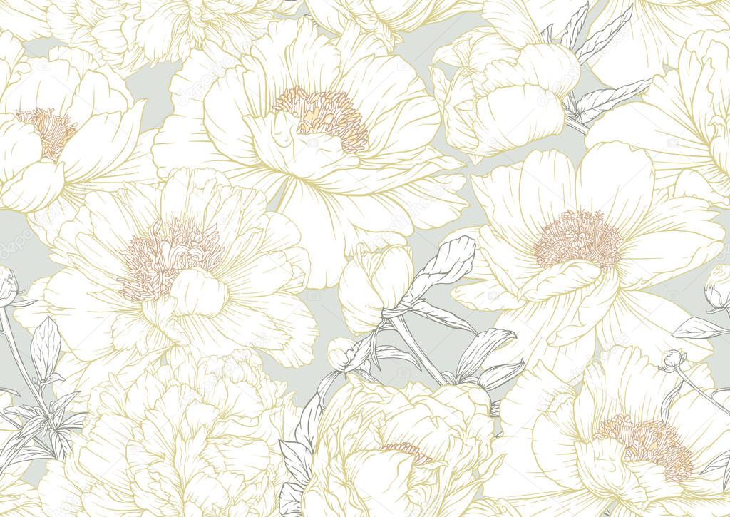 Peonies flowers. Seamless pattern, background. Colored vector illustration. In botanical style