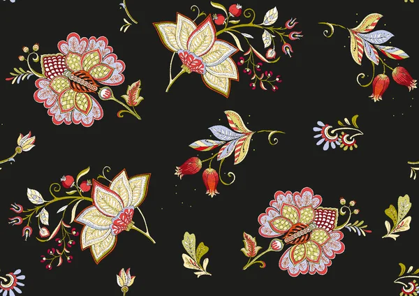 Motif sans couture avec des fleurs ornementales stylisées dans un style rétro, vintage — Image vectorielle