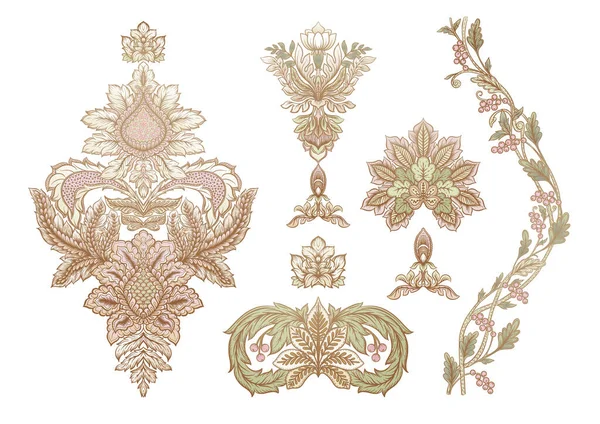 고전적 인 고급 의상인 다마스크 장식, 빅토리아 시대의 화려 한 꽃 바로크. — 스톡 벡터