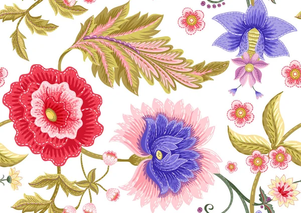 Fantasie bloemen in retro, vintage, Jacobische borduurstijl. Naadloos patroon, achtergrond. — Stockvector