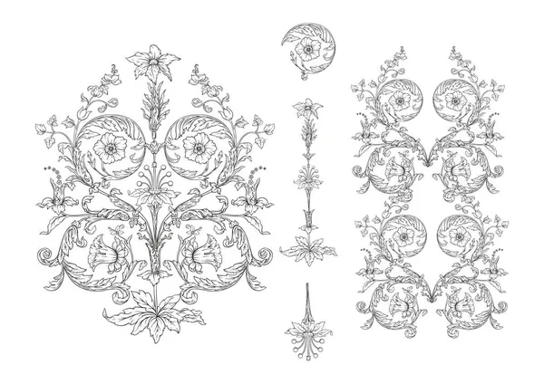 중세의 양식화 된 꽃 과 무늬의 요소들의 배열. — 스톡 벡터