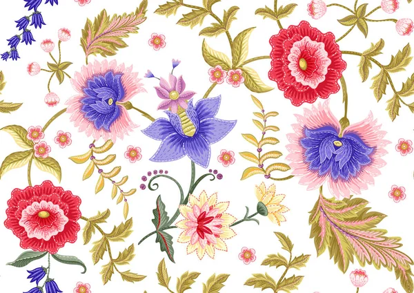 Flores de fantasia em retro, vintage, estilo bordado de jacobean. — Vetor de Stock