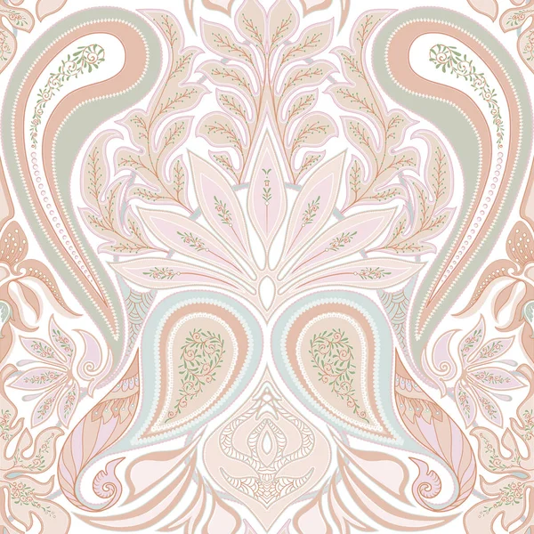 Paisley, traditionele damast klassieke luxe ouderwetse bloemen ornament. Naadloos patroon, achtergrond. Vector illustratie. In zachte oranje en groene kleuren. — Stockvector