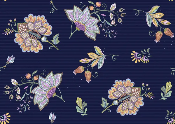 Απρόσκοπτο σχέδιο με στυλιζαρισμένα διακοσμητικά λουλούδια σε ρετρό, vintage στυλ. Κέντημα Jacobin — Διανυσματικό Αρχείο
