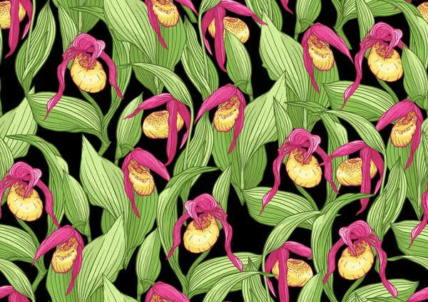 Orquídea zapatilla Ladys, Cypripedioideae, patrón sin costuras, fondo. Ilustración vectorial. — Vector de stock