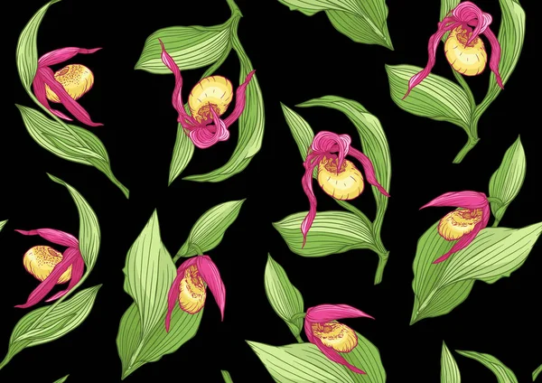 Ladys pantoffelorchidee, Cypripedioideae, naadloos patroon, achtergrond. Vectorillustratie. — Stockvector