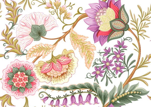 Flores de fantasia em retro, vintage, estilo bordado de jacobean —  Vetores de Stock