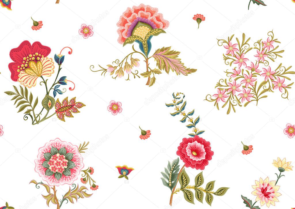 Fantasy flowers in retro, vintage, jacobean embroidery style