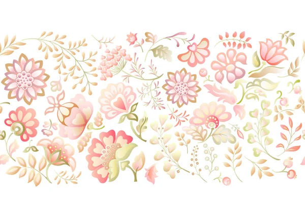 Muchas flores de fantasía diferentes. Millefleurs diseño floral de moda. — Vector de stock