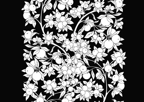 Pommes sur branches Modèle sans couture, fond. Graphiques noir et blanc. — Image vectorielle