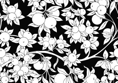 Elmalar dallarda, pürüzsüz desen, arka plan. Siyah beyaz grafikler.