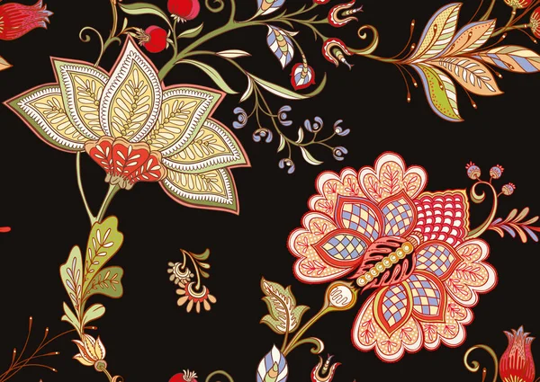 Naadloos patroon met gestileerde sierbloemen in retro, vintage stijl. Borduurwerk van jakobijnen. — Stockvector