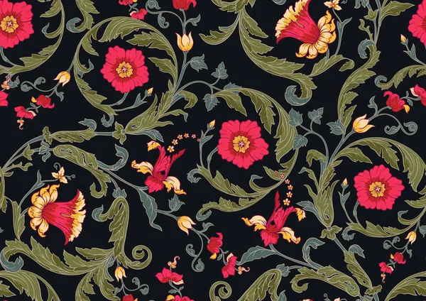 Naadloos patroon met gestileerde bloemen In barokke, rococo, victoriaanse, renaissance middeleeuwse stijl. In decoratieve stijl. — Stockvector