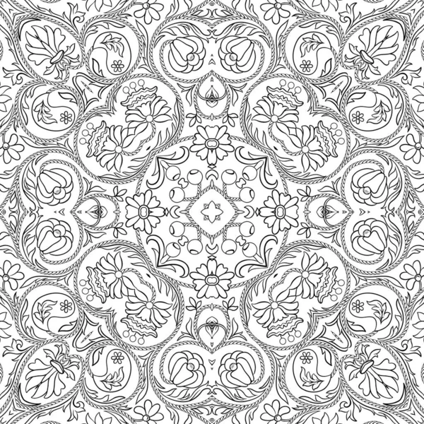 Fantasy flowers in retro, vintage, embroidery style. Seamless pattern, background. — Stock Vector