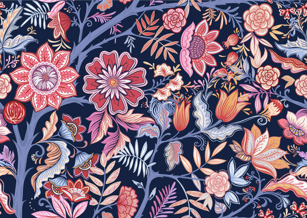 Seamless pattern with stylized ornamental flowers in retro, vintage style. 