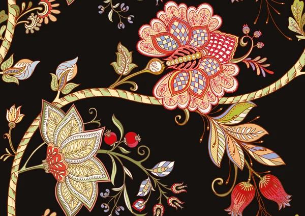 Бесшовный узор со стилизованными декоративными цветами в ретро, винтажном стиле. Якобинская вышивка. — стоковый вектор