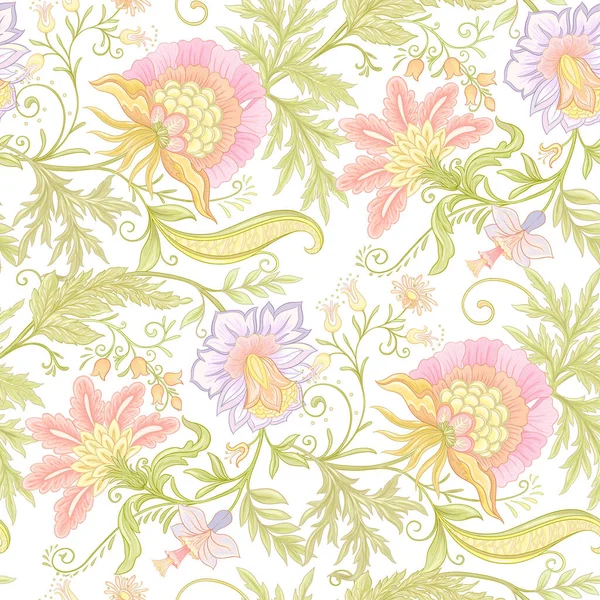 Flores de fantasía en estilo retro, vintage, bordado jacobeo — Vector de stock