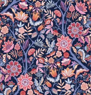 Seamless pattern with stylized ornamental flowers in retro, vintage style.  clipart