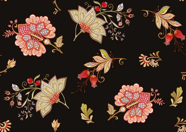 Patrón sin costuras con flores ornamentales estilizadas en estilo retro, vintage. Bordado jacobino. — Vector de stock